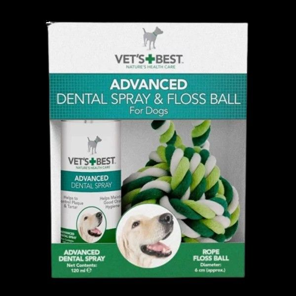 VET'S BEST Köpek Ağız ve Diş Bakım Spreyi 120ml ve Diş Temizleyici Halat Top 16cm (2'li Set)